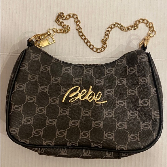 bebe Handbags - Bebe Small Compact Monogram Brown & Gold Shoulder Bag with removable chain